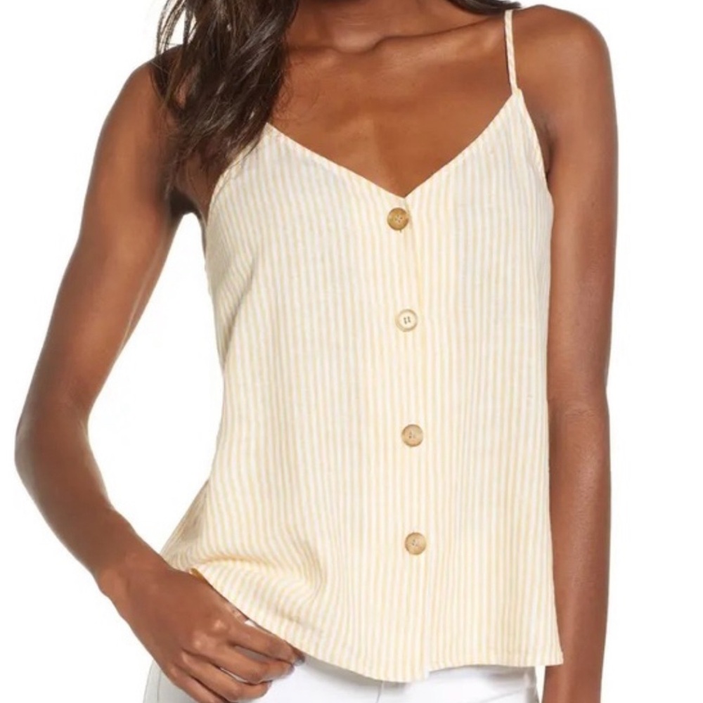 BP Linen Button Cropped Striped V-neck Spaghetti Strap in Yellow and White NWT